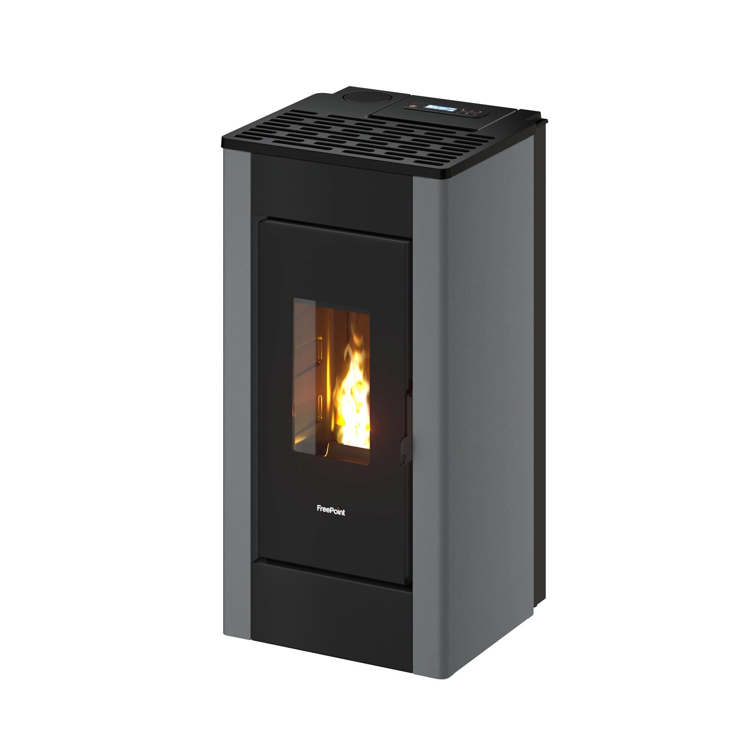 Freepoint Pelletofen Shar, Stahl titangrau, 7 kW. Moderner Ofen mit Flamme im Brennraum.