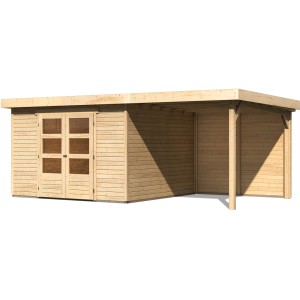 Unbehandeltes Karibu Holz-Gartenhaus Boras mit Flachdach und Anbau, 298x302 cm.