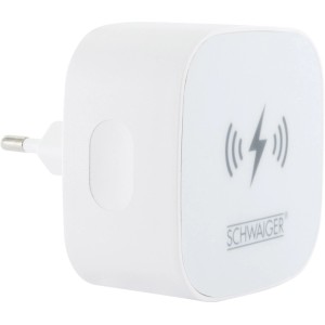Weißer Schwaiger Ladeadapter 30W mit Eurostecker und Qi-Symbol für kabelloses Handy-Laden.