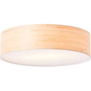 Holzfarbene, runde Deckenleuchte Romm, Ø 38 cm, mit weißem Diffusor für Innenräume.