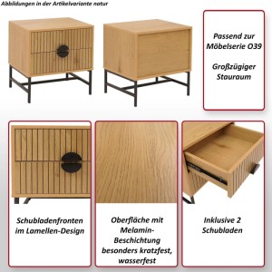 Nachttisch O39 Natur mit 2 Schubladen, Lamellen-Design, Melamin-Oberfläche und schwarzen Metallbeinen. Kratzfest.
