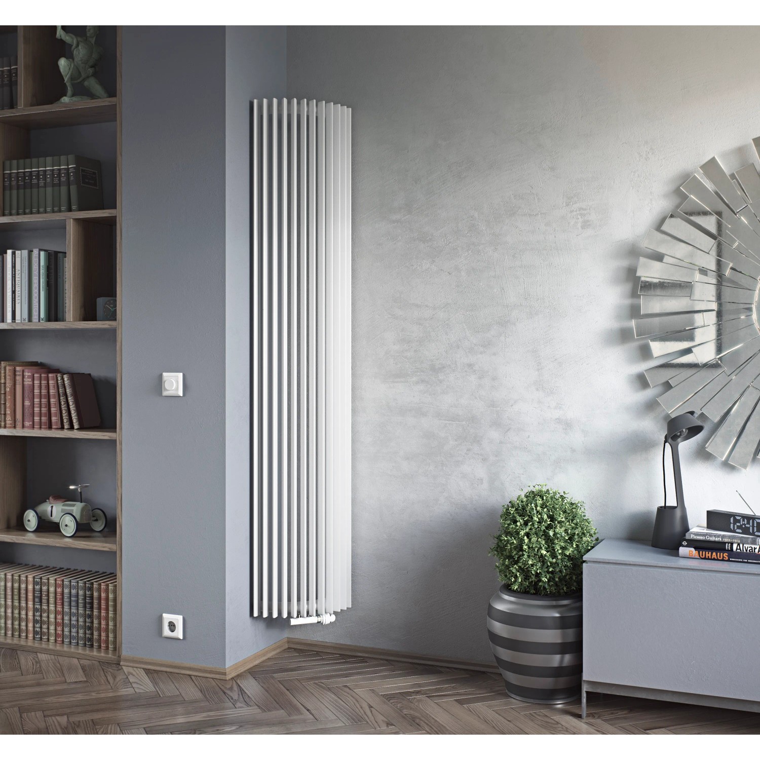 Weißer Ximax Raumheizkörper Triton E (1800x340 mm, 850 Watt) im modernen Wohnraum.