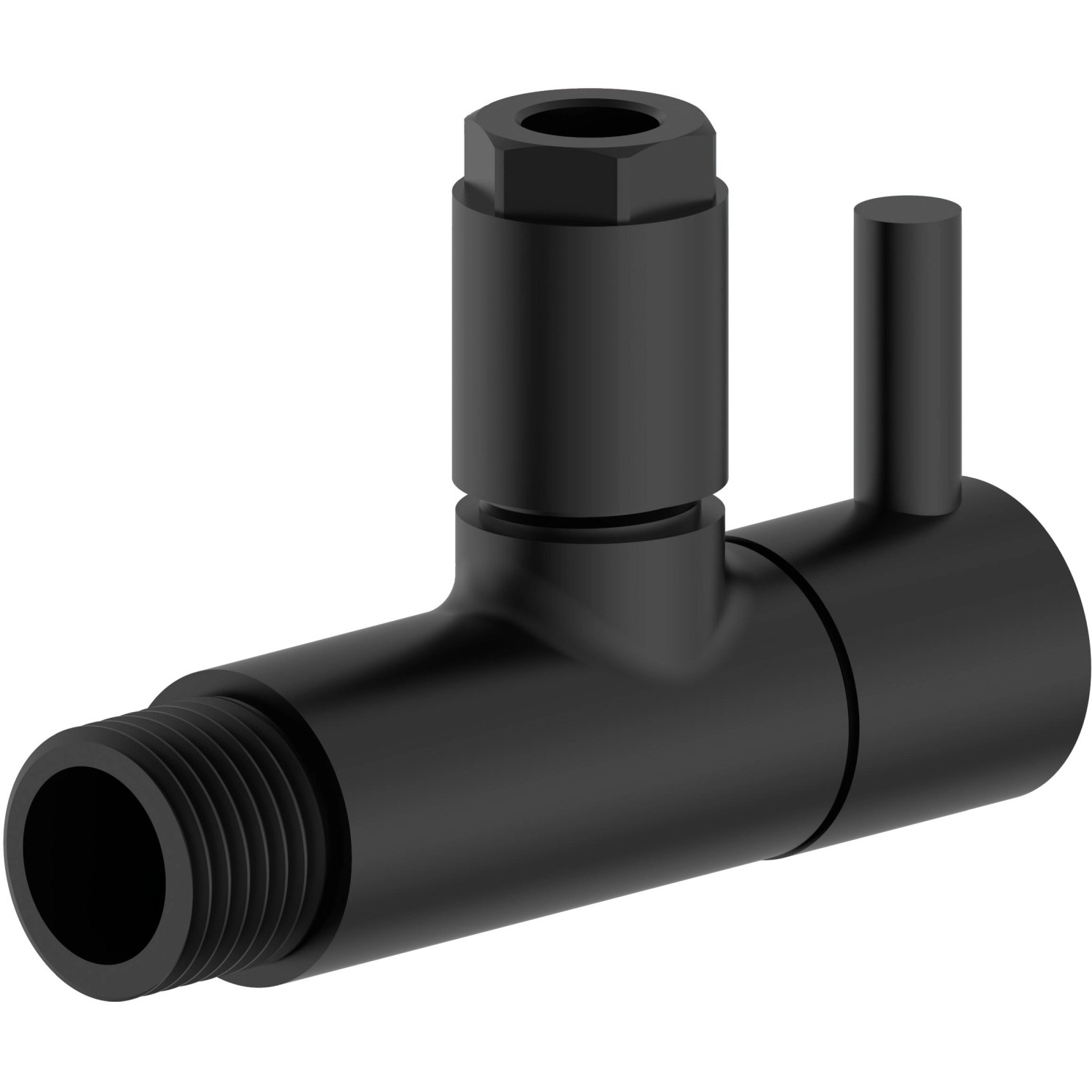 Schwarzes, mattes Kirchhoff Universal Eckventil für Kalt- und Warmwasserleitungen.