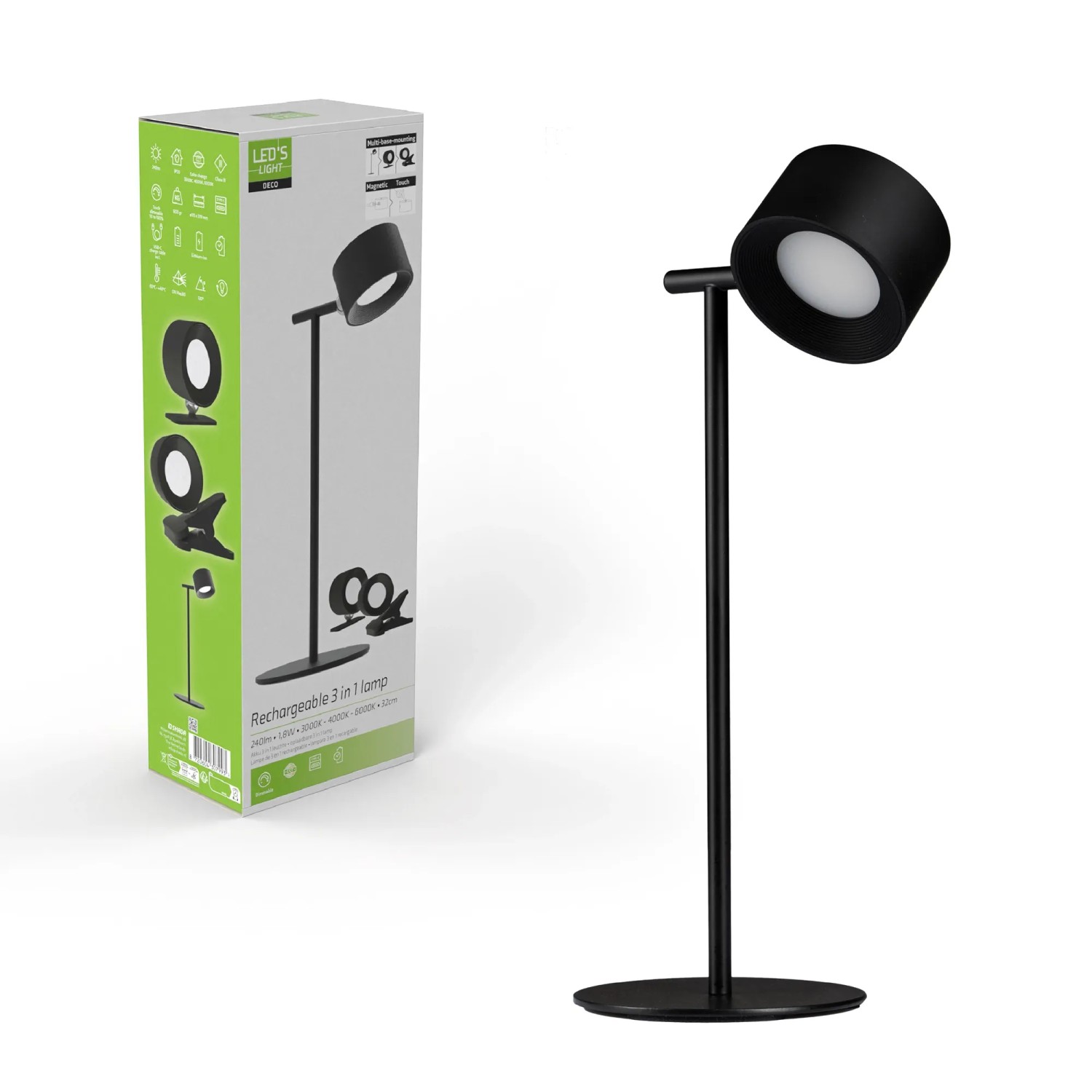 Schwarze LED Tischlampe 3in1 mit Akku, dimmbar und verschiedenen Sockeln für flexible Nutzung.