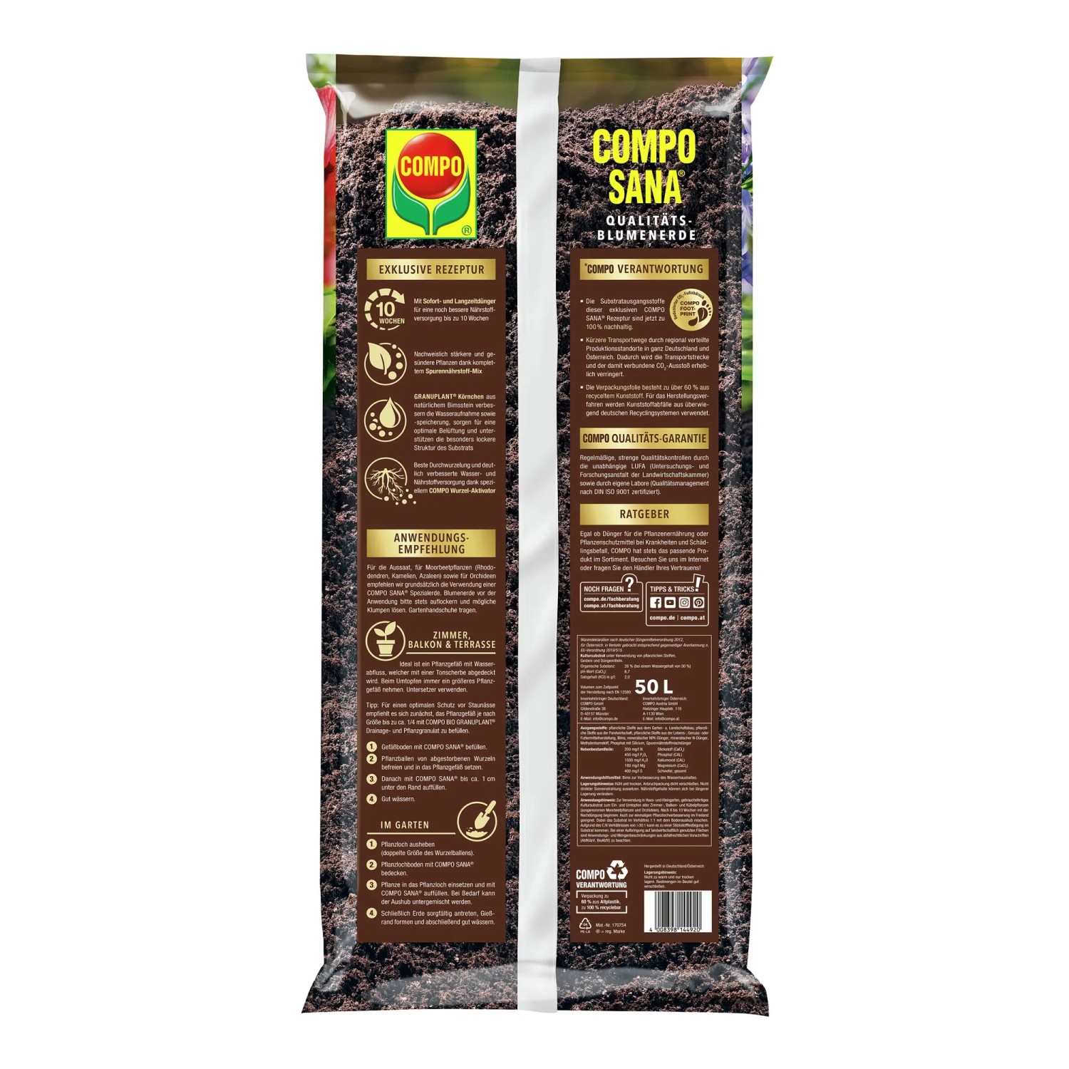 Sack Compo Sana torffreie Qualitäts-Blumenerde, 45 x 50 l, für Zimmer-, Balkon- und Gartenpflanzen.