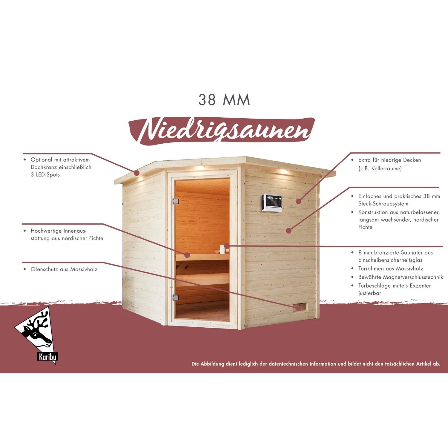 Karibu Elea Sauna Set aus Fichte mit Ofen und integr. Steuerung. Massivholzsauna für den Innenbereich.