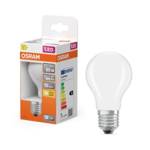 Osram LED-Lampe E27, Glühlampenform, 5,9 W, warmweiß, matt, mit Verpackung.