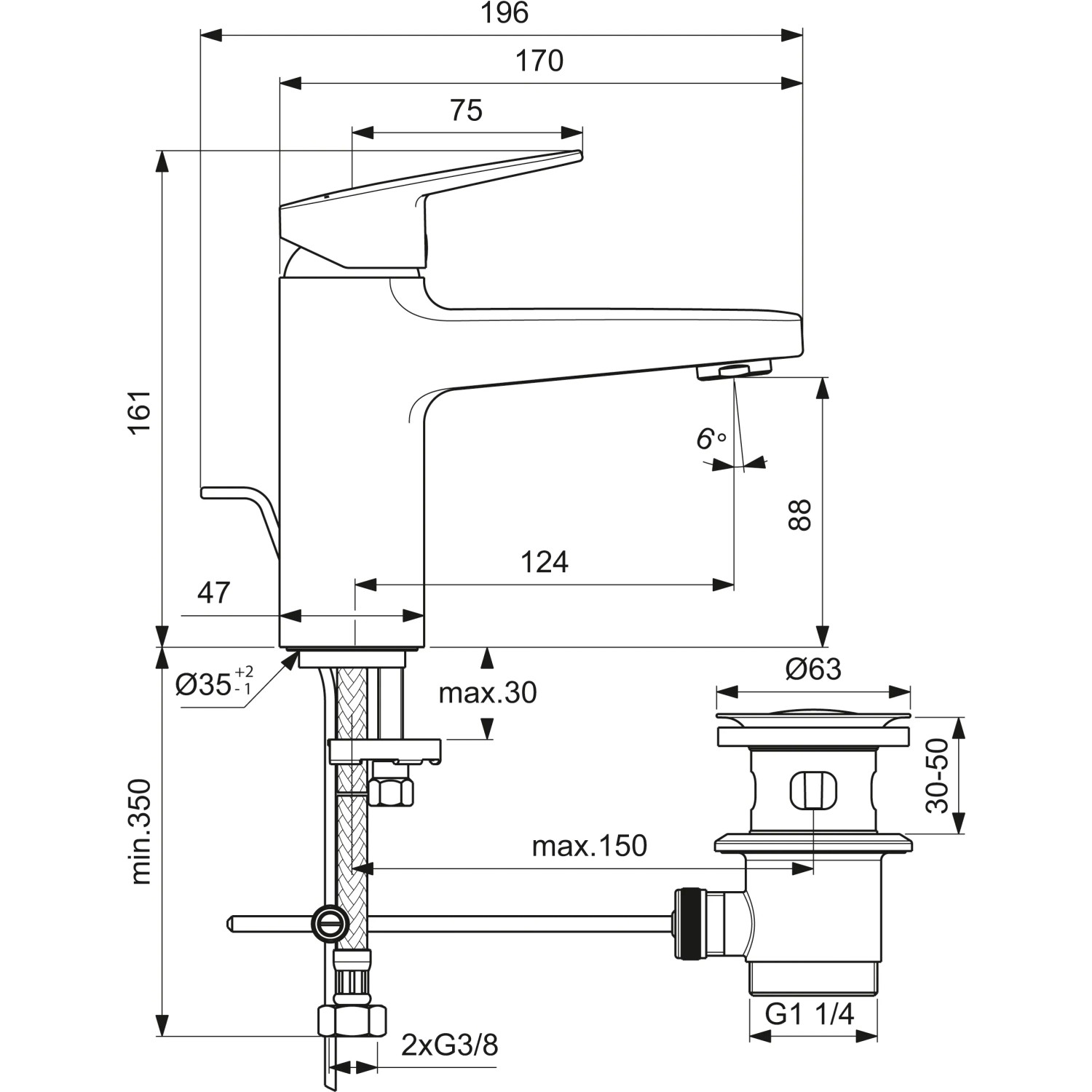 Technische Zeichnung: Ideal Standard Ceraplan Waschtischarmatur, Chrom, H90, mit Maßangaben.