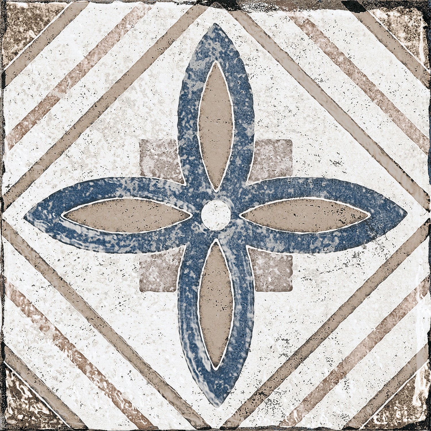 Bodenfliese Feinsteinzeug, matt glasiert, 20x20 cm, mit blau-braunem Blumenmuster.