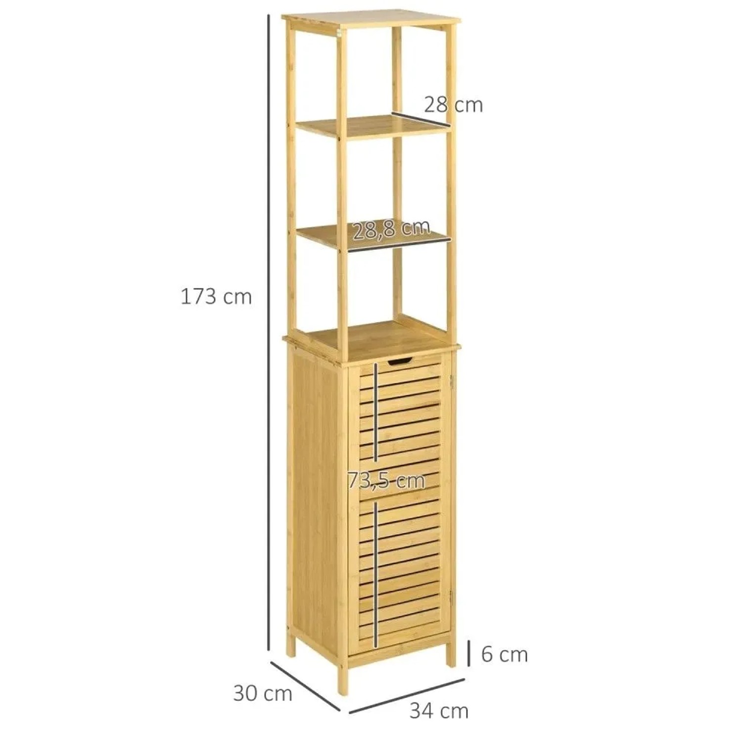 Kleankin Badezimmerschrank aus Bambus: 3 offene Fächer, 1 Schrank, 173 cm hoch.