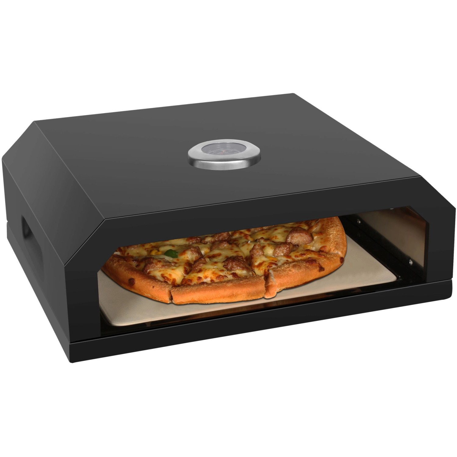 EL Fuego Pizzaaufsatz, schwarz, mit Pizza und Thermometer für Holzkohle-, Gas- und Elektrogrills.