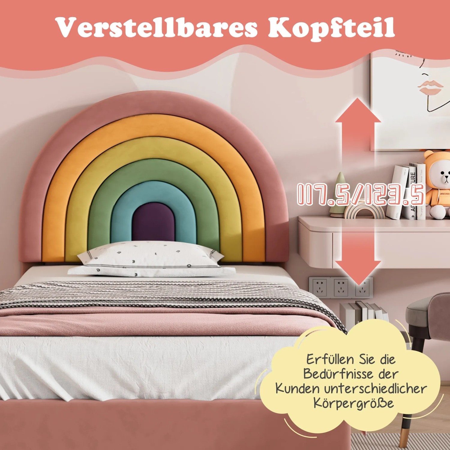 okwish Polsterbett 90x200cm mit Höhenverstellbarem Kopfteil Jugendzimmer Rosa ohne Matratze_7