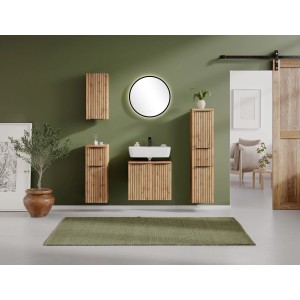 Badmöbel-Set mit rundem Held Möbel Spiegel Manchester mit LED-Beleuchtung und schwarzem Metallrahmen.