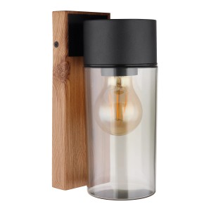 Globo Etsi Außenleuchte: Edelstahl, Holzoptik dunkel, Rauchglas, zylindrisch.