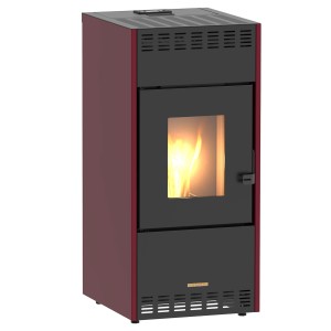 Roter Blaze Pelletofen Mareni 10 kW mit schwarzer Front und sichtbarer Flamme.