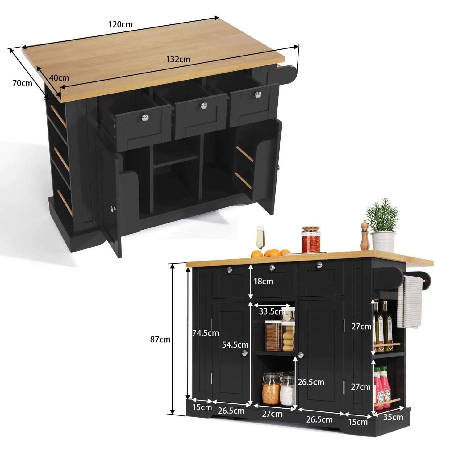 okwish Küchenwagen mit Klappbarer Arbeitsplatte Schublade Gewürzregal 132x40-70x87cm Schwarz_5