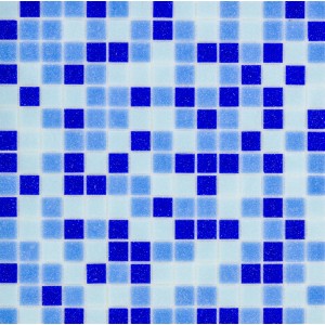 Glasmosaikmatte Blue-Mix Dark Crystall, 32,6x32,6 cm, mit blauen und hellblauen Mosaiksteinen.