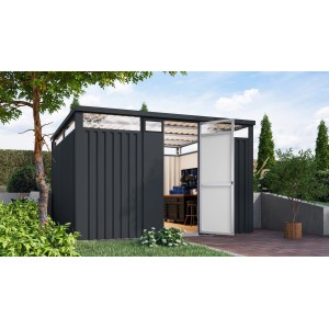 Karibu Metallgerätehaus Amato 3,5 in Anthrazit mit geöffneter Tür und Lichtband.