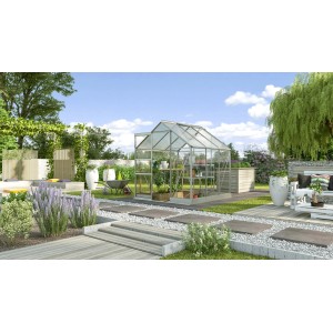 Vitavia Gewächshaus Kapitol 3800 im Garten mit Alu-Rahmen und Glas/HKP-Verglasung.
