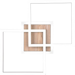 Moderne LED Deckenleuchte Giro in Holznachbildung mit weißem Rahmen.