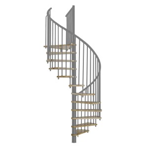 Graue Minka Spindeltreppe Spiral Effect mit Eiche Stufen, Durchmesser 160 cm.