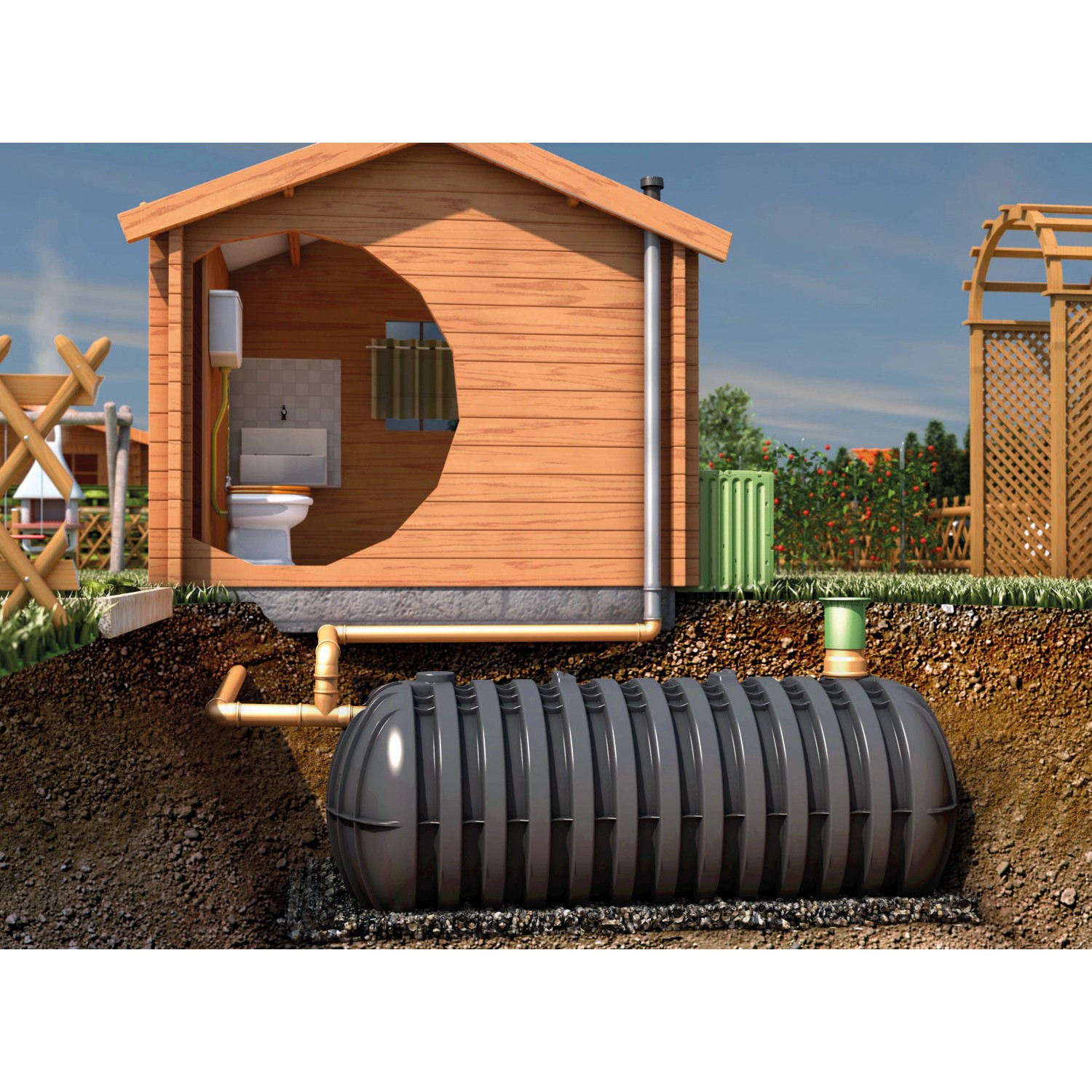 Garantia Sammelgrube Stabilus 3000L im Querschnitt mit Gartenhaus und Installationen.