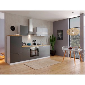 Respekta Küchenzeile KB270WG, 270 cm, grau-weiße Einbauküche mit E-Geräten und Nussbaum-Arbeitsplatte.