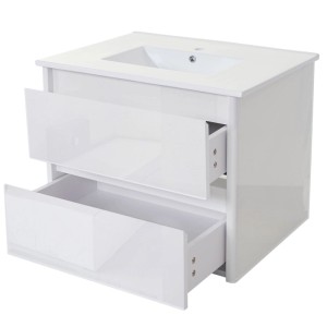 Weißer MCW Waschbeckenunterschrank (50x80cm) mit Keramik-Waschbecken und zwei offenen Schubladen.