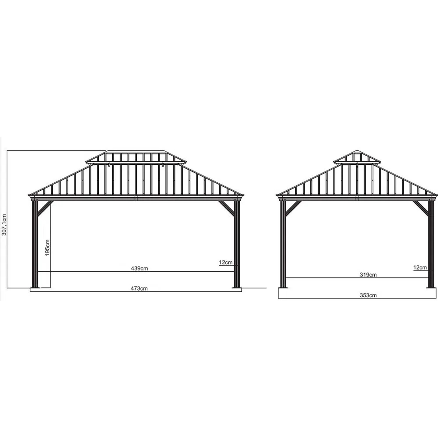 Skizze des Sojag Aluminium Pavillon Messina 12x20 in Anthrazit mit Maßangaben.