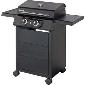 Schwarzer Enders Elektrogrill eCrave 2 mit Garhaube, Seitenablagen und Unterschrank.