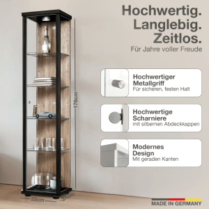 Stehende Glasvitrine in Schwarz & Sonoma Eiche mit LED-Beleuchtung und 4 Glasböden.