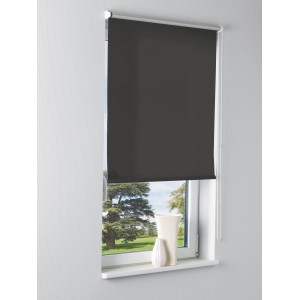 Anthrazitfarbenes Thermostopp-Rollo, 150x60 cm, verdunkelnd, am Fenster montiert.