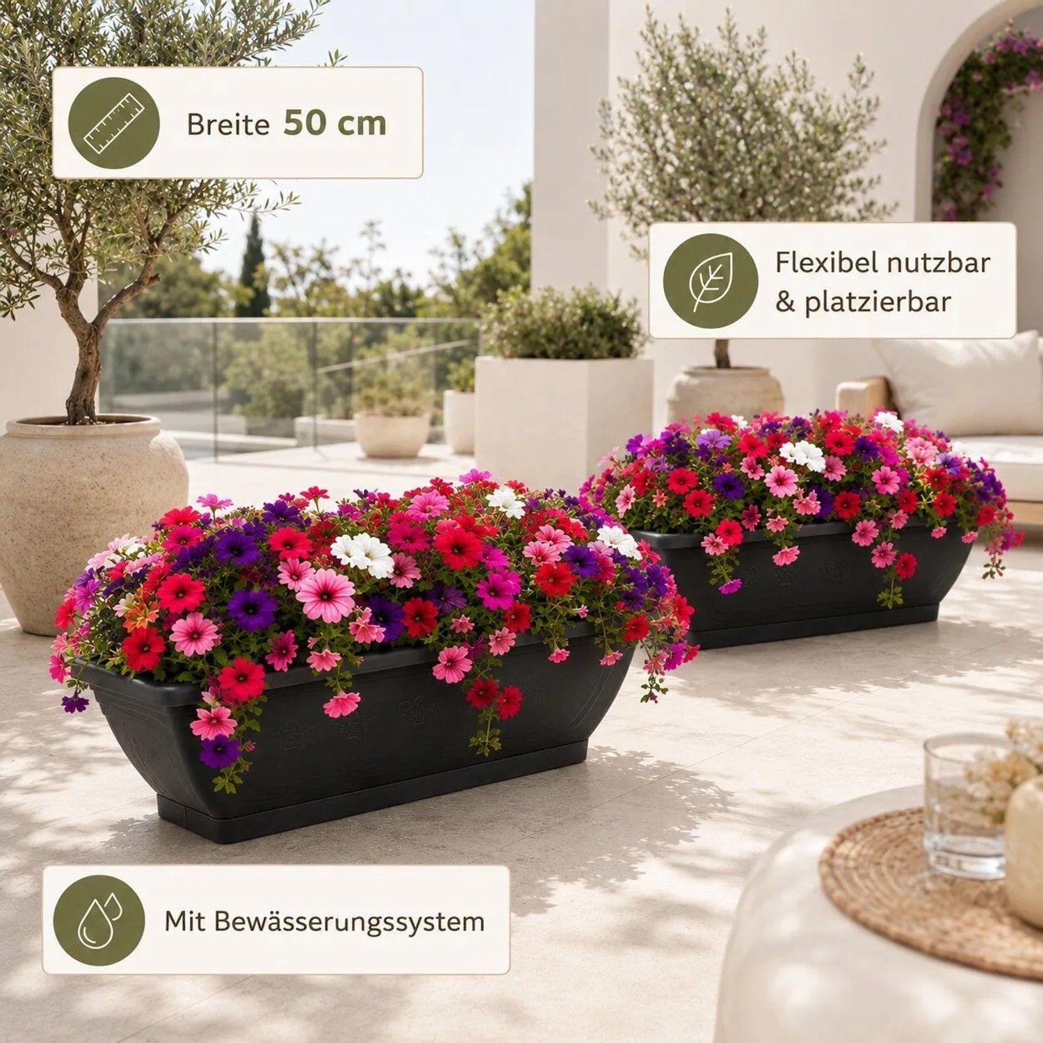 BigDean 1x Blumenkasten Mit Abnehmbarem Untersetzer Anthrazit 50 Cm Lang Aus Bruchsicherem Kunststoff Pflanzkasten Mit Wasserspeicher Für Innen Und kaufen bei OBI