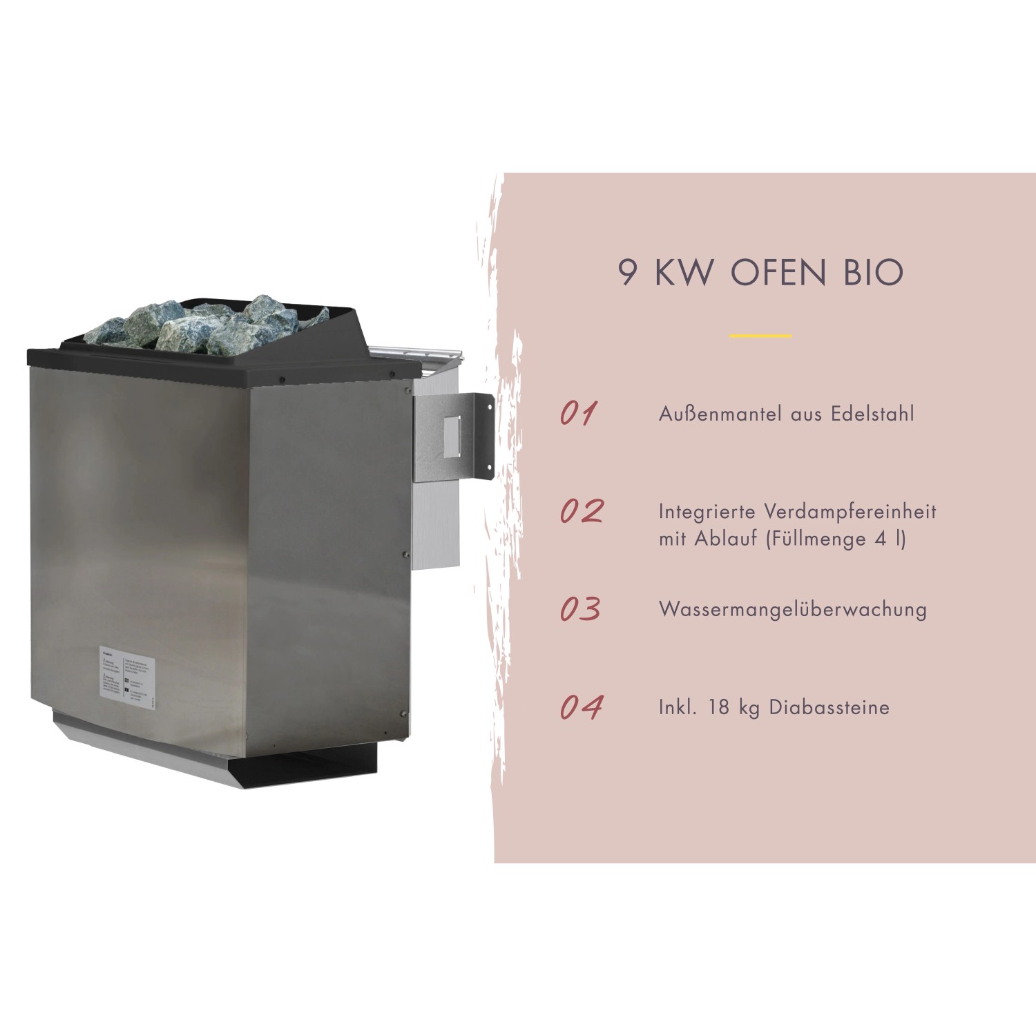 Karibu Sauna Bio-Ofen: Edelstahl-Außenmantel, Verdampfer, Wassermangelüberwachung und 18 kg Diabassteine.