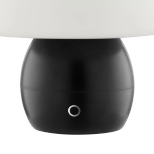 Brilliant LED Tischleuchte Dupos: Schwarzer, runder Sockel mit Touch-Bedienung. Weißer Schirm. Kabellose LED-Lampe.