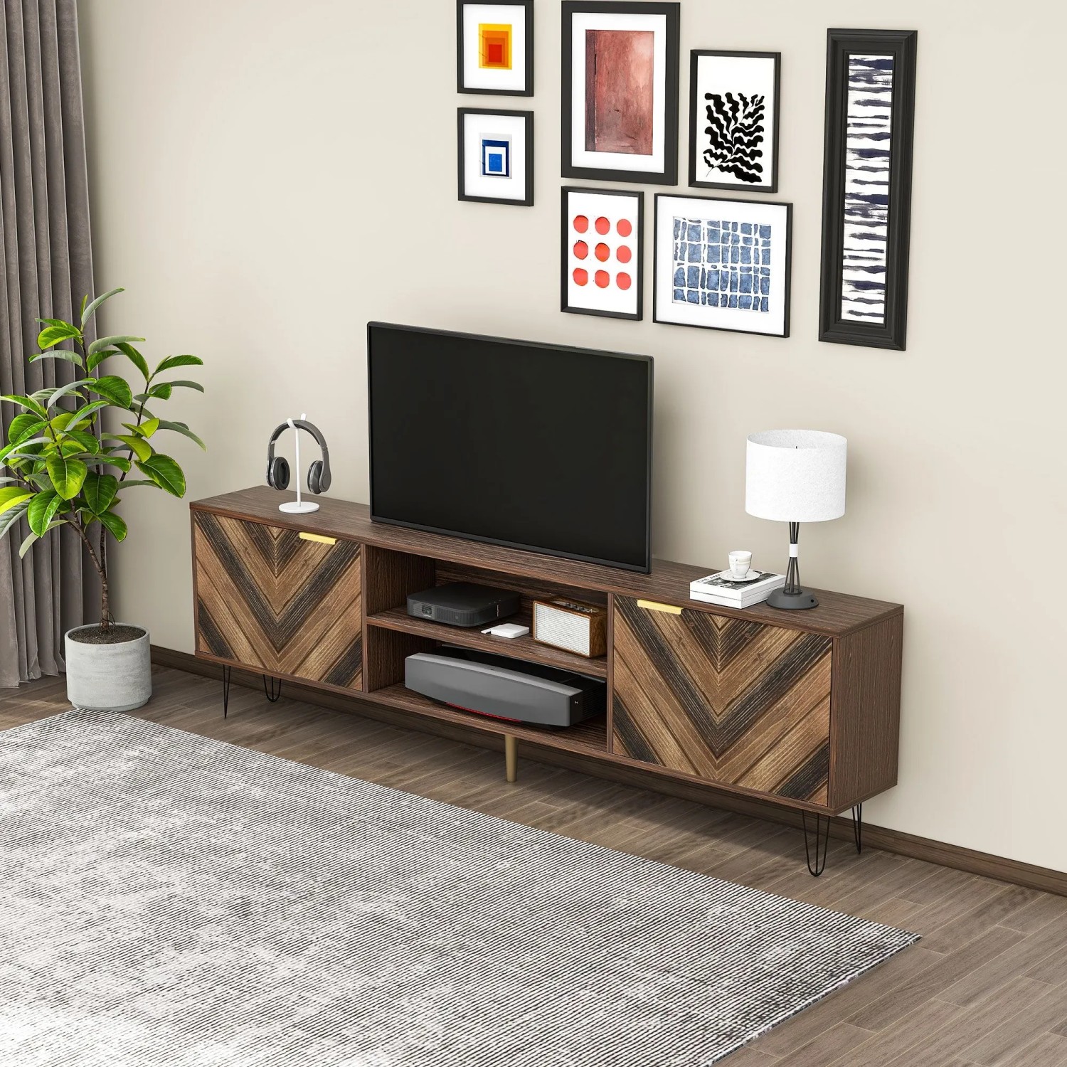 okwish TV Schrank mit Türen und Fächern und Gold Griffen für Wohnzimmer 155x38x48cm Natur_3