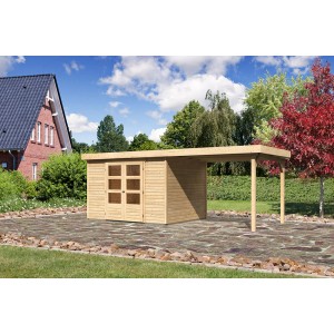 Karibu Holz-Gartenhaus Boras mit Flachdach und Anbau, unbehandelt.