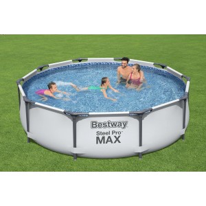 Bestway Stahlrahmen-Pool Set Steel Pro Max, Ø 305 cm, mit Familie im Wasser.