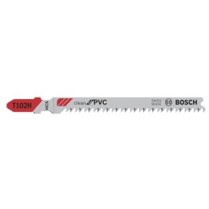 Bosch Stichsägeblatt T 102 H Clean for PVC. Graues HCS Sägeblatt mit roter Spitze.