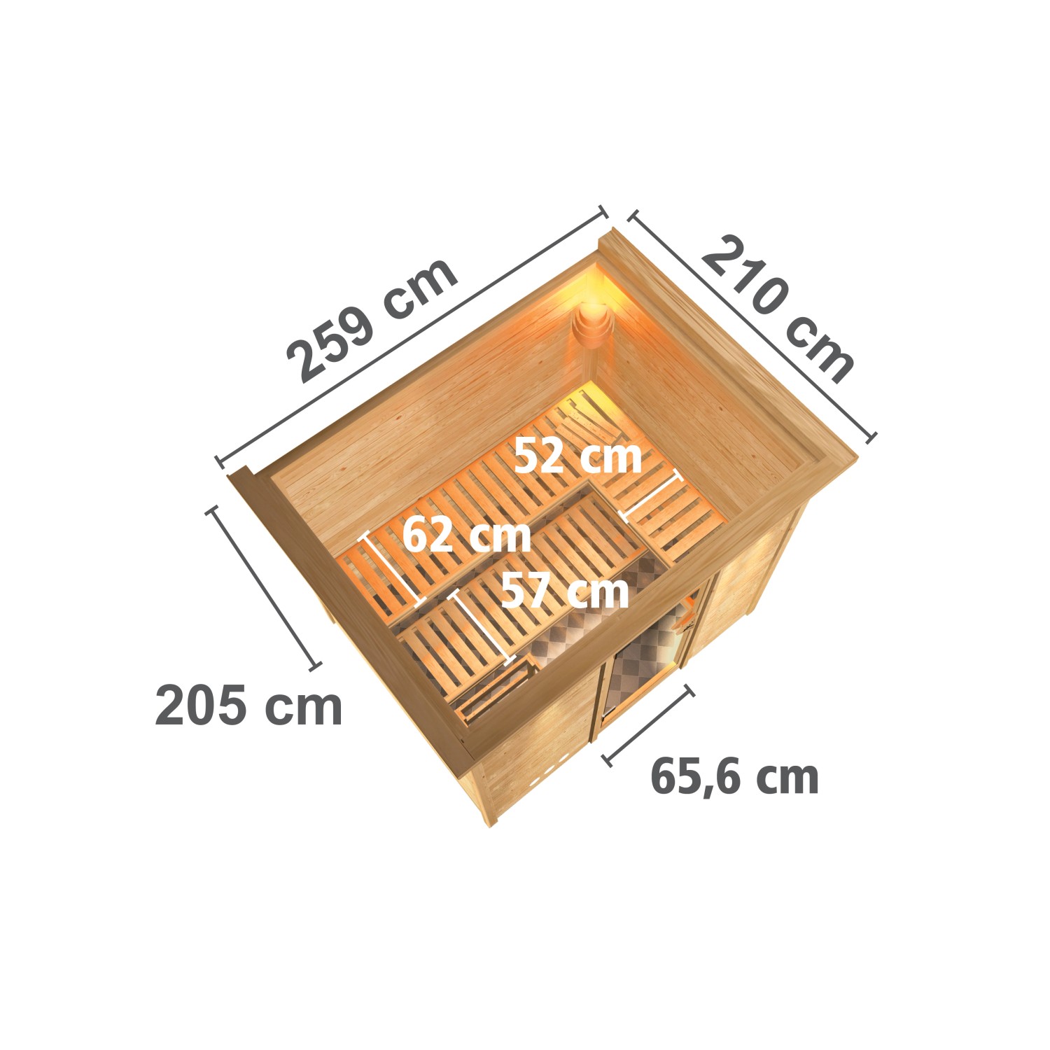 Draufsicht Karibu Sauna Sarina mit LED-Dachkranz, Maße: 259x210x205 cm, aus Fichte Natur.