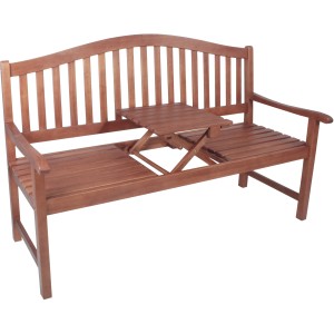 3-Sitzer Gartenbank Phuket aus Eukalyptusholz mit hochklappbarem Tisch in der Mitte.