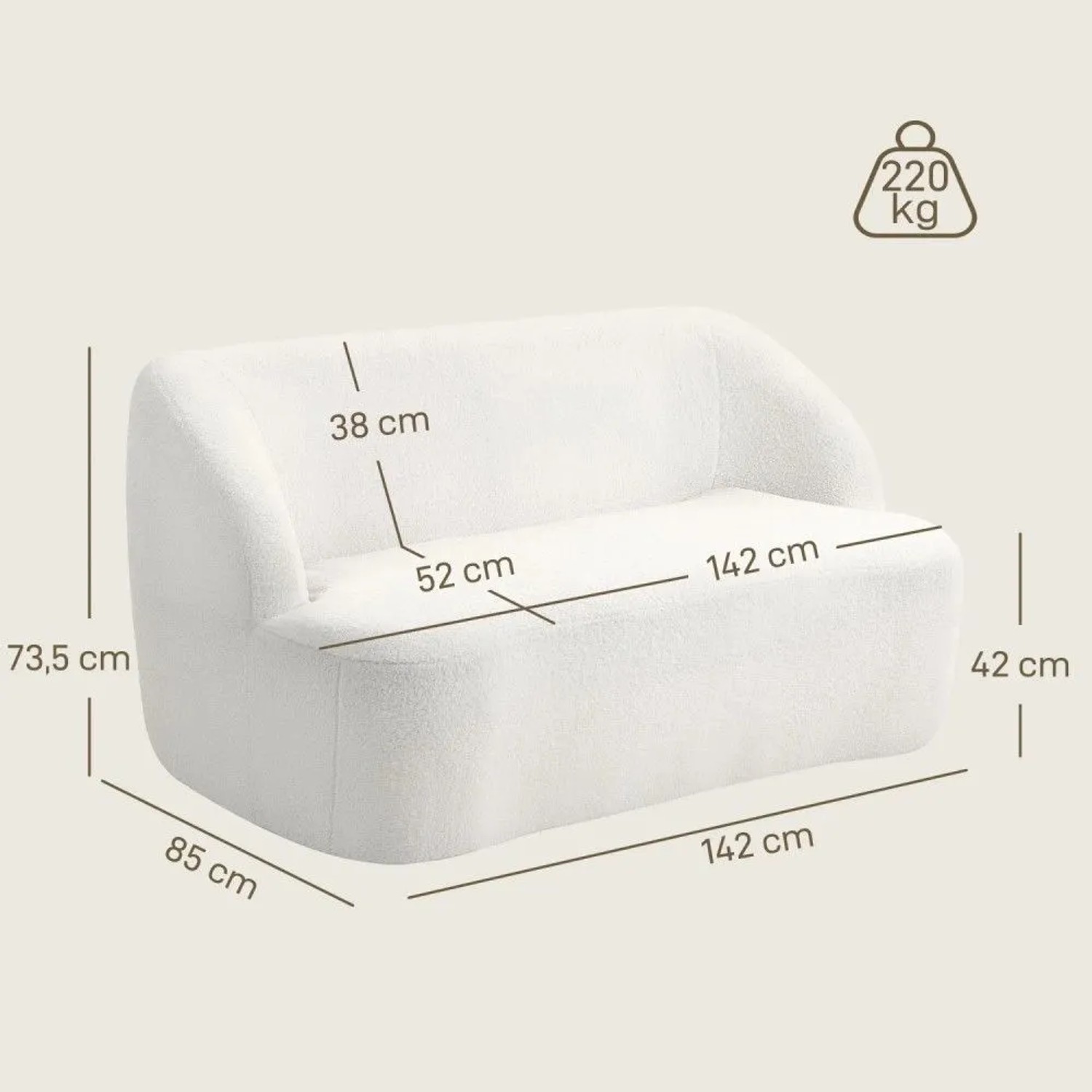 Cremeweißes HOMCOM 2-Sitzer Sofa mit Maßen: 142x85x73,5 cm (BxTxH). Belastbar bis 220 kg. Ideal für Wohnzimmer.