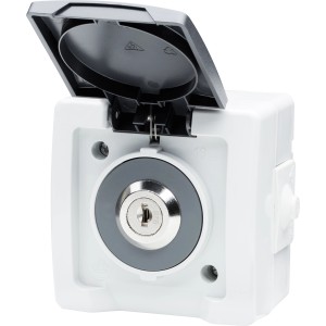 OBI Steckdosenschloss für Feuchtraum, grau, mit geöffnetem Deckel und Schlüsselloch.