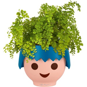Lechuza Ojo Pflanzgefäß in Ocean Blue mit grüner Pflanze, im Playmobil-Look.