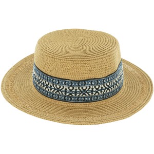 Eleganter Damenhut Lola Natur aus Papierstroh mit blau-weißem Zierband, ideal für Garten und Freizeit.