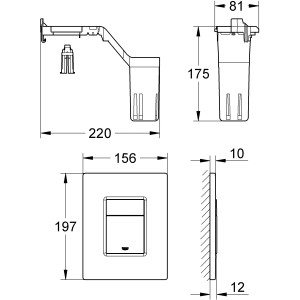 Technische Zeichnung: Grohe Skate Cosmopolitan Set Fresh Chrom WC-Drückerplatte mit Maßen.