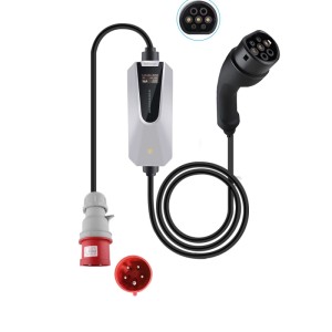 Junsun 11kW Typ 2 EV Ladegerät Ladekabel mit grauer Box, rotem CEE-Stecker und schwarzem Typ 2 Stecker.