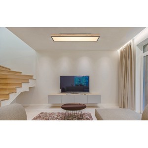LED-Deckenleuchte Doro, graphitfarben mit Holzrahmen, dimmbar und mit Fernbedienung.