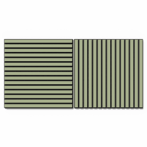 Akustikpaneel Lino Pistacio, 2er Set, 60x60 cm. MDF-Leisten auf schwarzem Filz für Wand- und Deckenverkleidung.