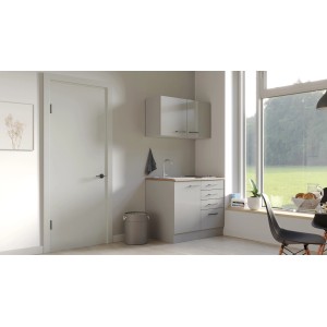 Flex-Well Miniküche Lund, 100 cm, Lichtgrau/Rauchgrau, mit Spüle und Kochfeld. Ideal für kleine Räume.